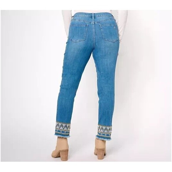 Susan Graver Straight Leg Jean with Embroidered Hem Medium Wash Plus 20 Boho - Picture 1 of 15